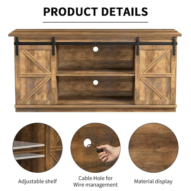 TV Stand 2 -shelf for TVs 43 up to 65. Simple living and Modern Mid-century, farmhouse barn door -easy to store something