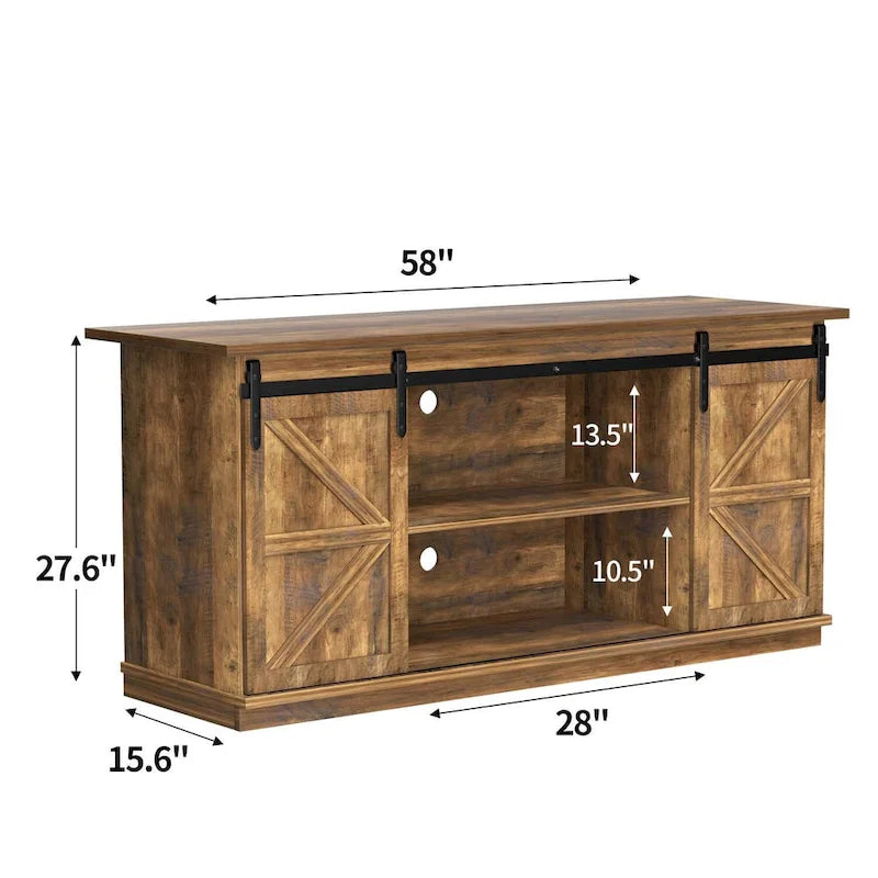 TV Stand 2 -shelf for TVs 43 up to 65. Simple living and Modern Mid-century, farmhouse barn door -easy to store something