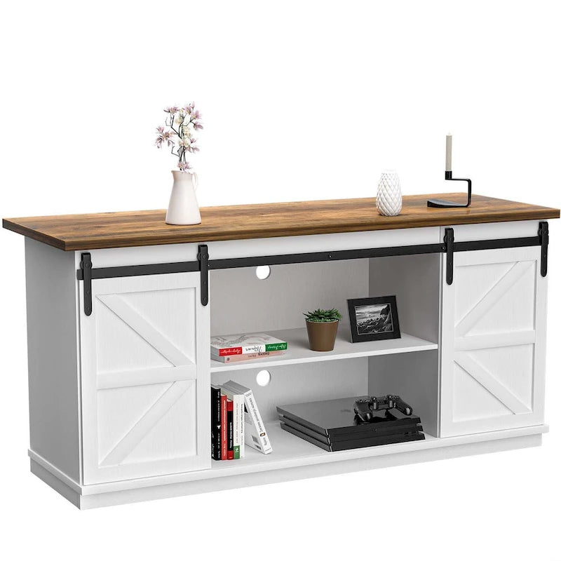 TV Stand 2 -shelf for TVs 43 up to 65. Simple living and Modern Mid-century, farmhouse barn door -easy to store something