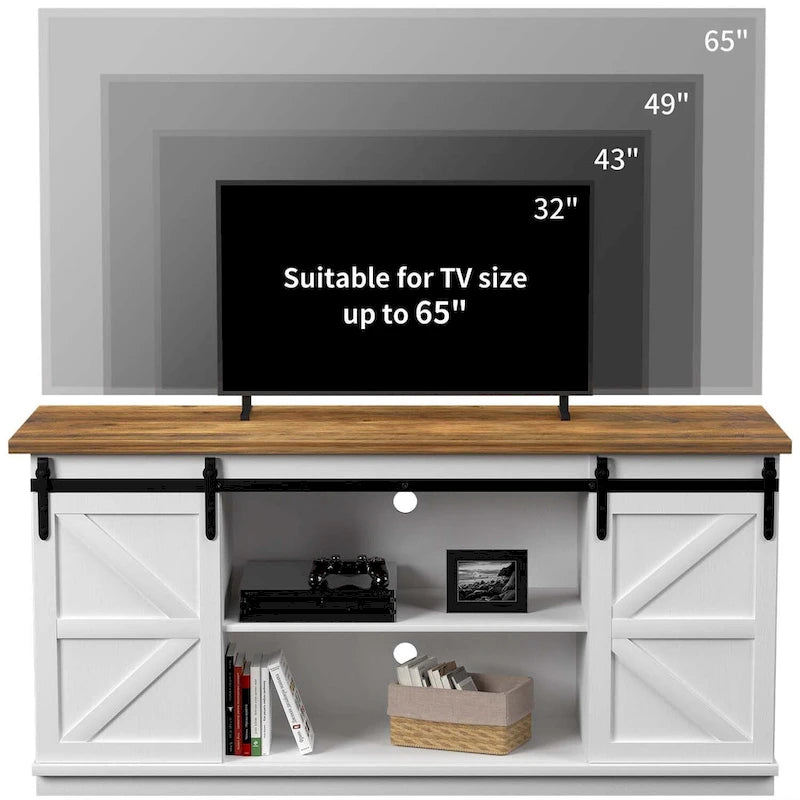 TV Stand 2 -shelf for TVs 43 up to 65. Simple living and Modern Mid-century, farmhouse barn door -easy to store something