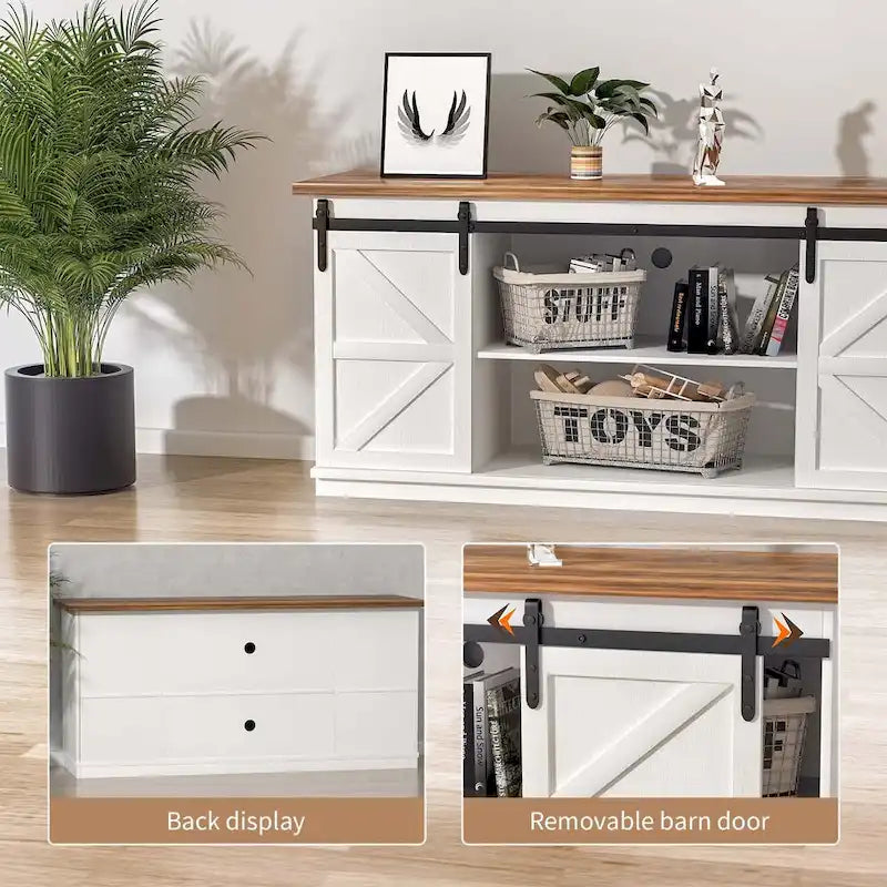 TV Stand 2 -shelf for TVs 43 up to 65. Simple living and Modern Mid-century, farmhouse barn door -easy to store something