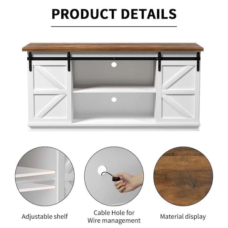 TV Stand 2 -shelf for TVs 43 up to 65. Simple living and Modern Mid-century, farmhouse barn door -easy to store something