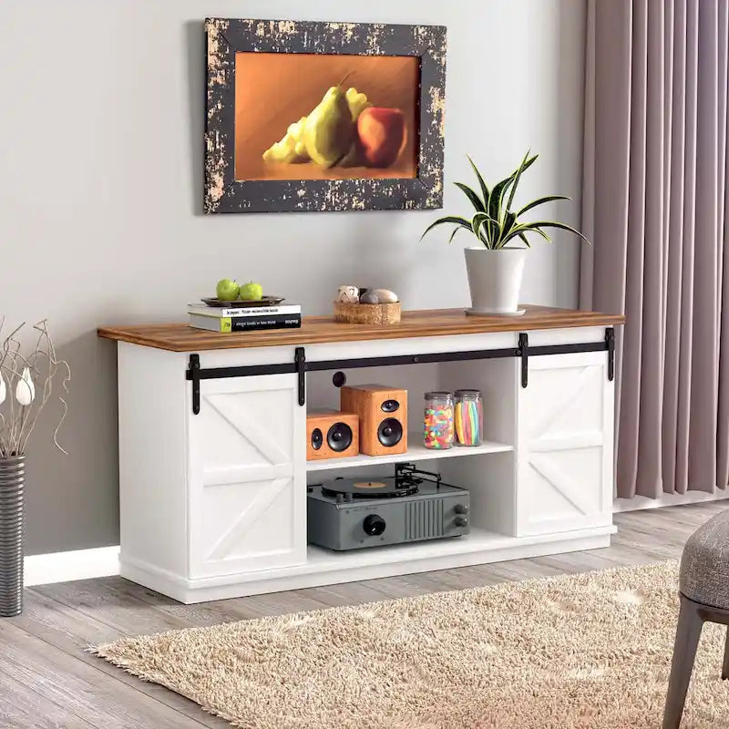 TV Stand 2 -shelf for TVs 43 up to 65. Simple living and Modern Mid-century, farmhouse barn door -easy to store something