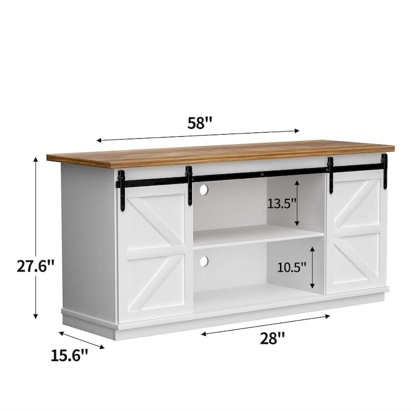 TV Stand 2 -shelf for TVs 43 up to 65. Simple living and Modern Mid-century, farmhouse barn door -easy to store something