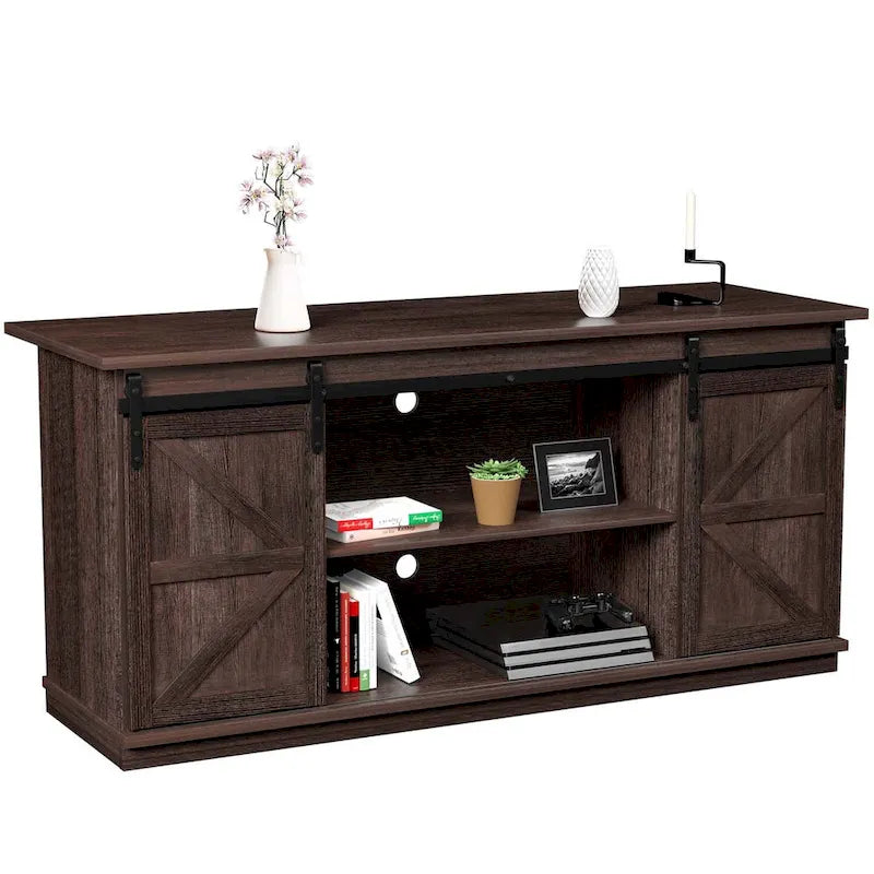 TV Stand 2 -shelf for TVs 43 up to 65. Simple living and Modern Mid-century, farmhouse barn door -easy to store something