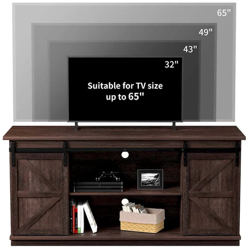 TV Stand 2 -shelf for TVs 43 up to 65. Simple living and Modern Mid-century, farmhouse barn door -easy to store something