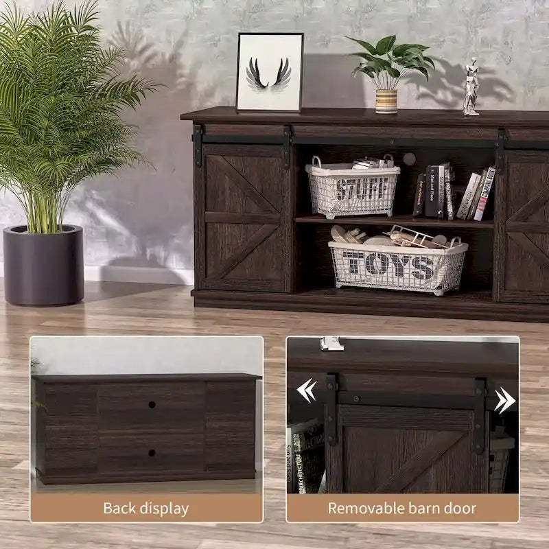 TV Stand 2 -shelf for TVs 43 up to 65. Simple living and Modern Mid-century, farmhouse barn door -easy to store something