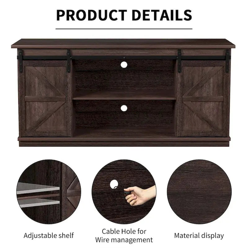 TV Stand 2 -shelf for TVs 43 up to 65. Simple living and Modern Mid-century, farmhouse barn door -easy to store something