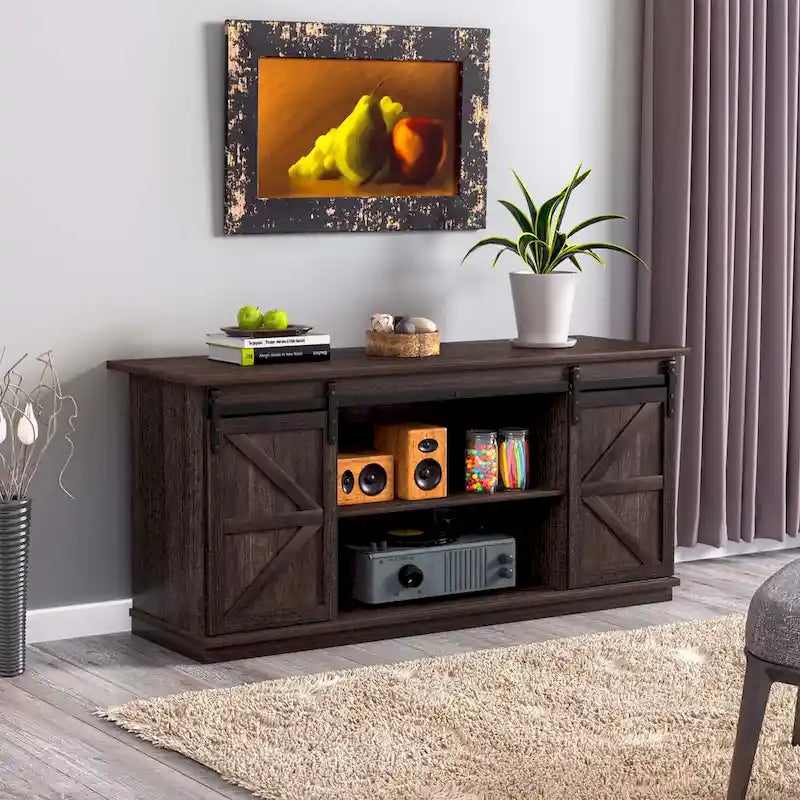 TV Stand 2 -shelf for TVs 43 up to 65. Simple living and Modern Mid-century, farmhouse barn door -easy to store something