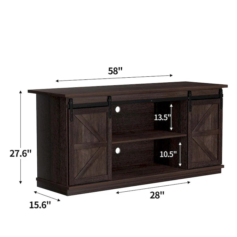 TV Stand 2 -shelf for TVs 43 up to 65. Simple living and Modern Mid-century, farmhouse barn door -easy to store something