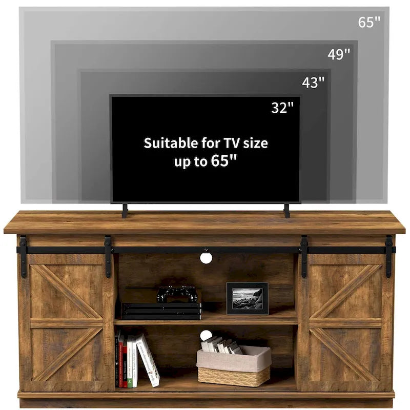 TV Stand 2 -shelf for TVs 43 up to 65. Simple living and Modern Mid-century, farmhouse barn door -easy to store something