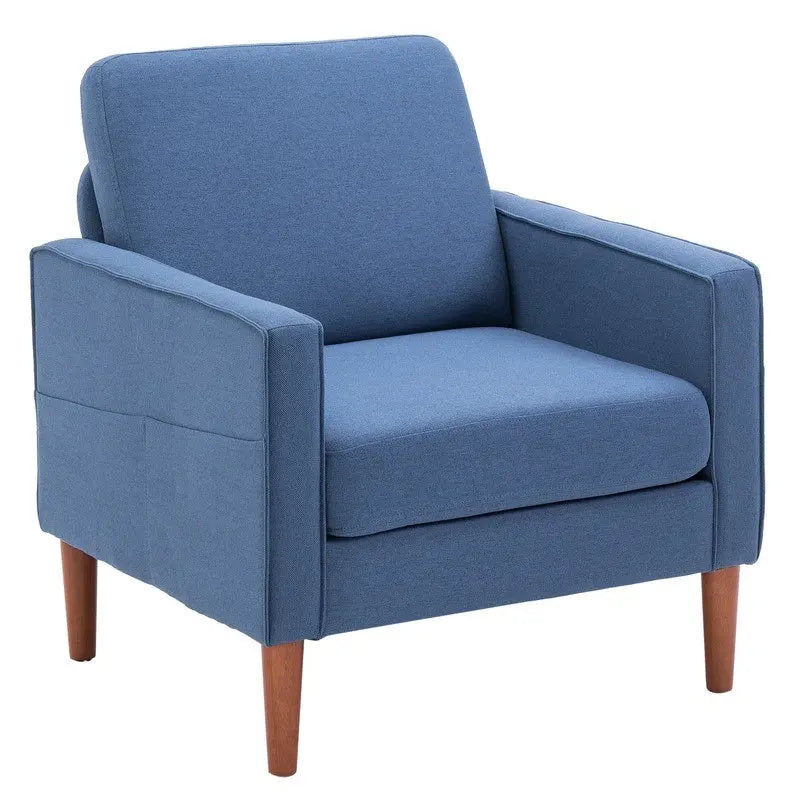 Upholstered Single Seat Accent Chair with Storage Pocket and Solid Wood Legs, Blue Creamy White Grey