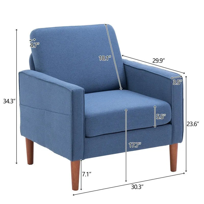 Upholstered Single Seat Accent Chair with Storage Pocket and Solid Wood Legs, Blue Creamy White Grey