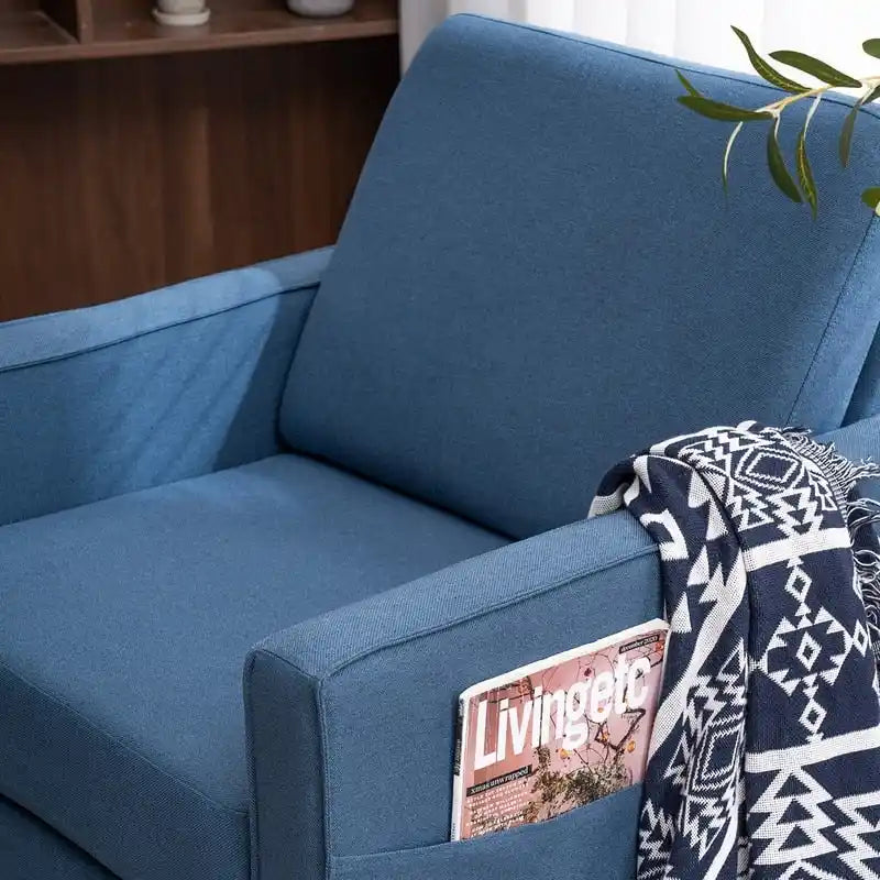 Upholstered Single Seat Accent Chair with Storage Pocket and Solid Wood Legs, Blue Creamy White Grey