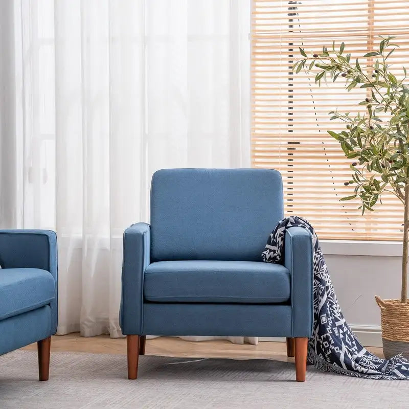 Upholstered Single Seat Accent Chair with Storage Pocket and Solid Wood Legs, Blue Creamy White Grey