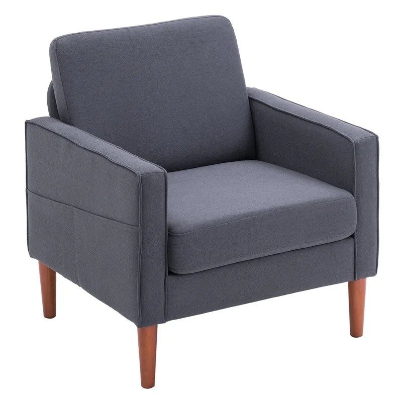 Upholstered Single Seat Accent Chair with Storage Pocket and Solid Wood Legs, Blue Creamy White Grey