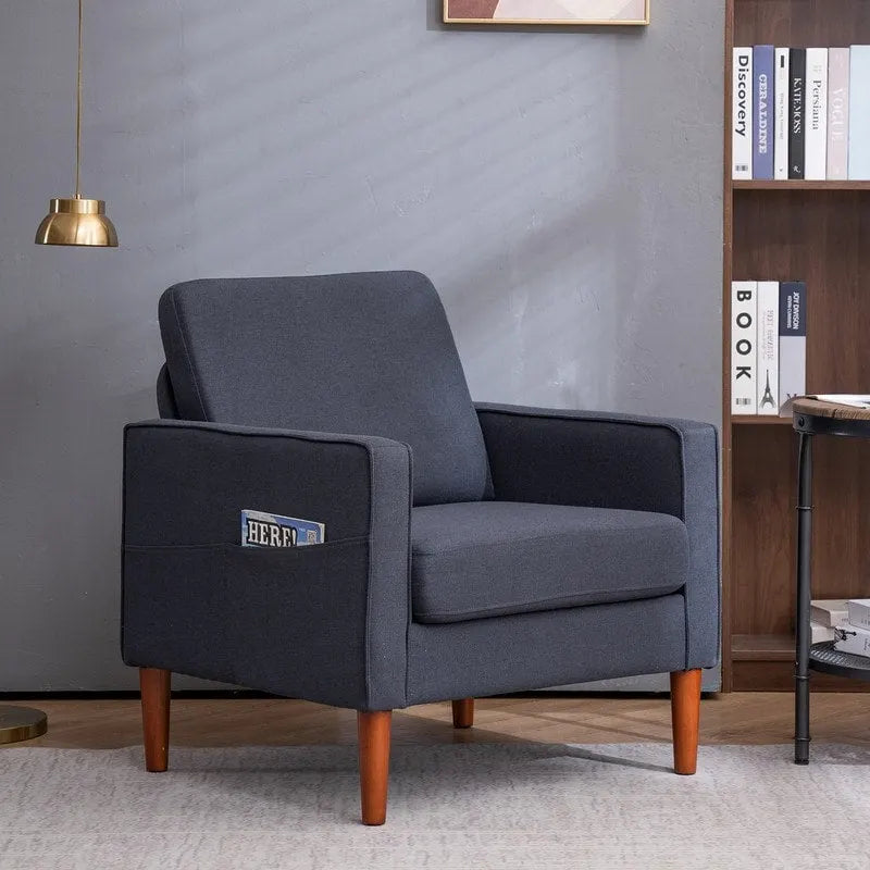 Upholstered Single Seat Accent Chair with Storage Pocket and Solid Wood Legs, Blue Creamy White Grey