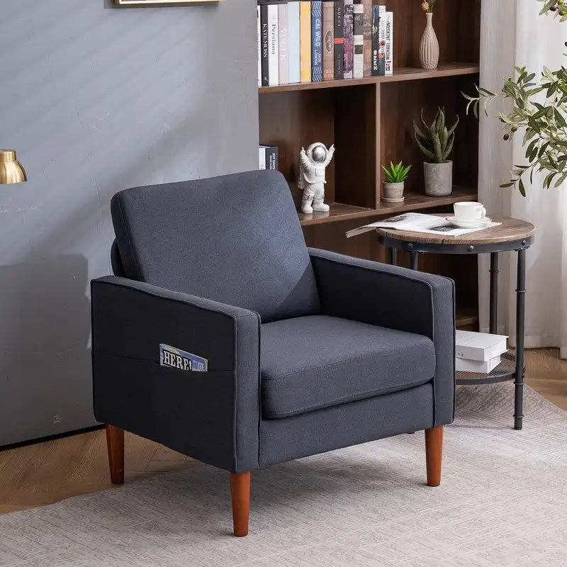 Upholstered Single Seat Accent Chair with Storage Pocket and Solid Wood Legs, Blue Creamy White Grey