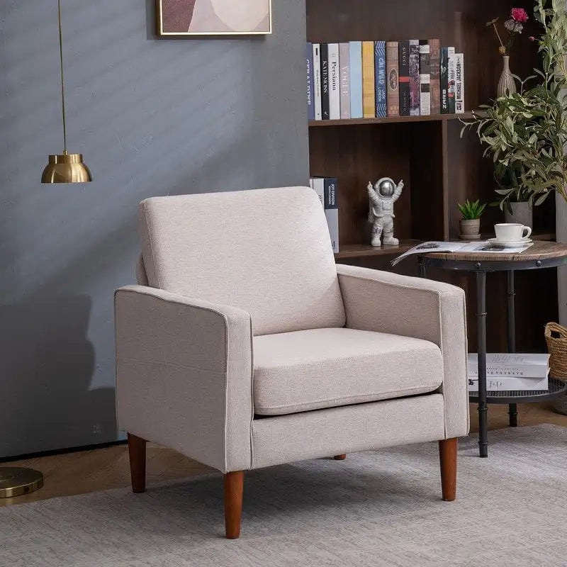 Upholstered Single Seat Accent Chair with Storage Pocket and Solid Wood Legs, Blue Creamy White Grey