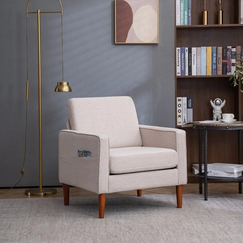 Upholstered Single Seat Accent Chair with Storage Pocket and Solid Wood Legs, Blue Creamy White Grey