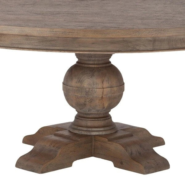 Reclaimed Teak Round Dining Table with Hand-Carved Pedestal Base, Weathered Brown