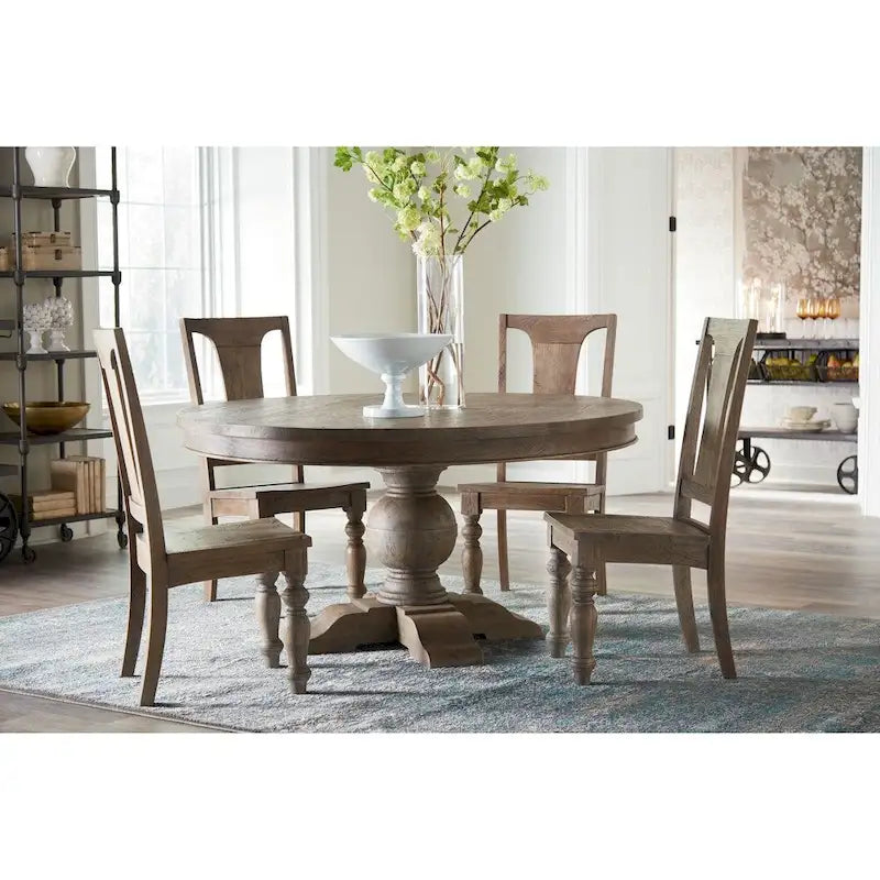 Reclaimed Teak Round Dining Table with Hand-Carved Pedestal Base, Weathered Brown