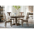 Reclaimed Teak Round Dining Table with Hand-Carved Pedestal Base, Weathered Brown