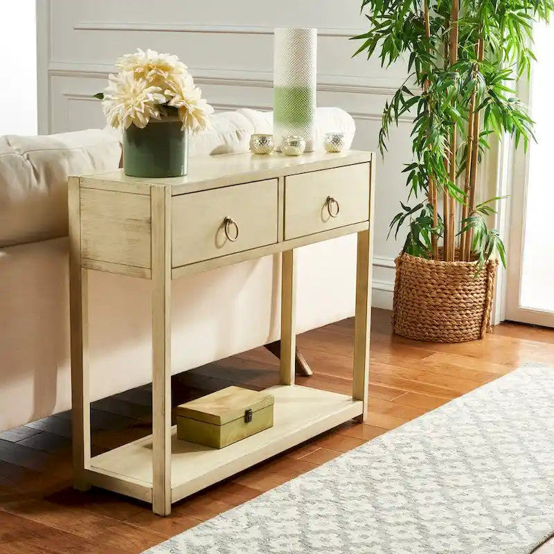38-Inch 2-Drawer Console Table with Open Bottom Shelf and Ring Pulls, 4 Colors