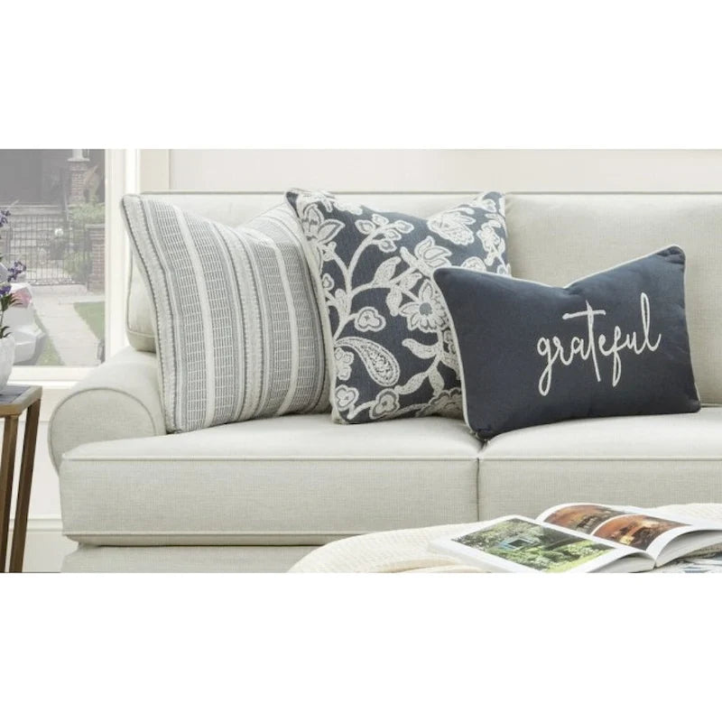 Round Arm Stationary Sofa with Reversible Cushions and Accent Pillows, Cream