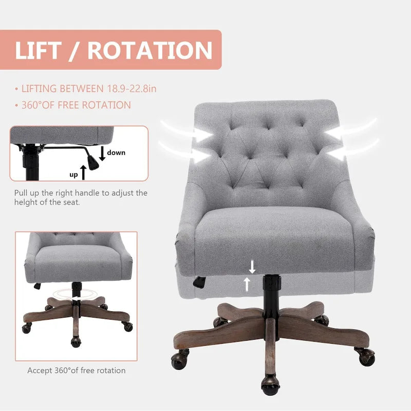 Tufted Fabric Swivel Desk Chair with Adjustable Height and Casters, 5 Colors
