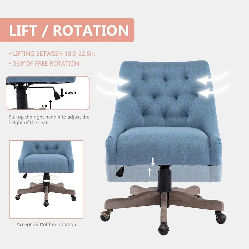 Tufted Fabric Swivel Desk Chair with Adjustable Height and Casters, 5 Colors