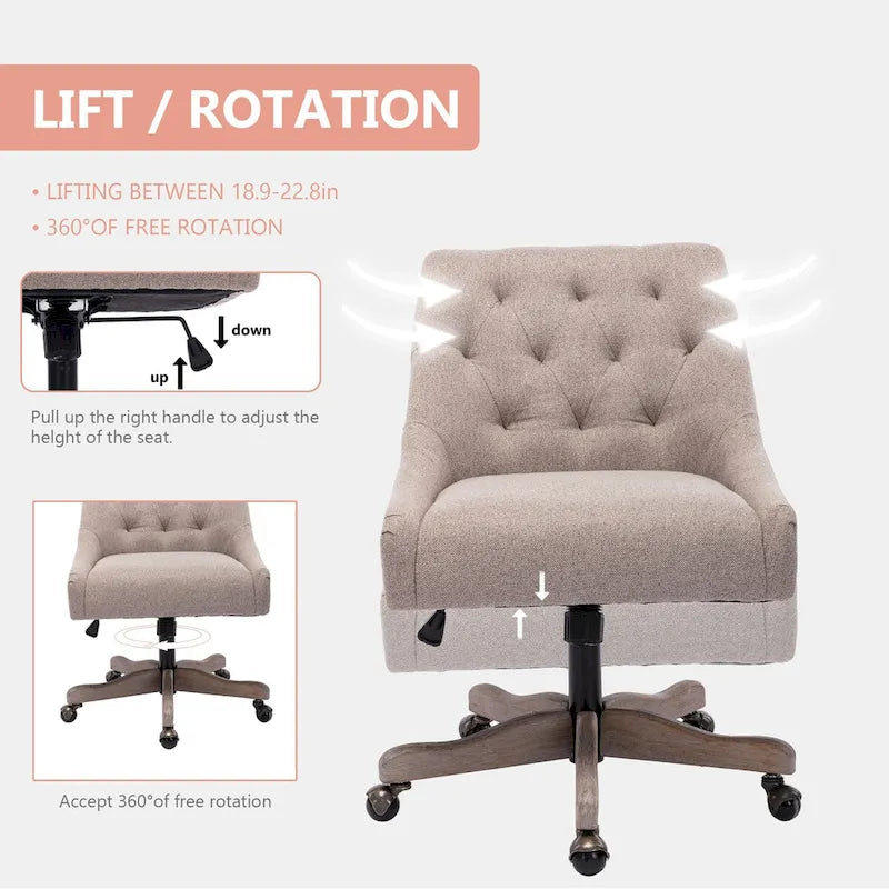 Tufted Fabric Swivel Desk Chair with Adjustable Height and Casters, 5 Colors