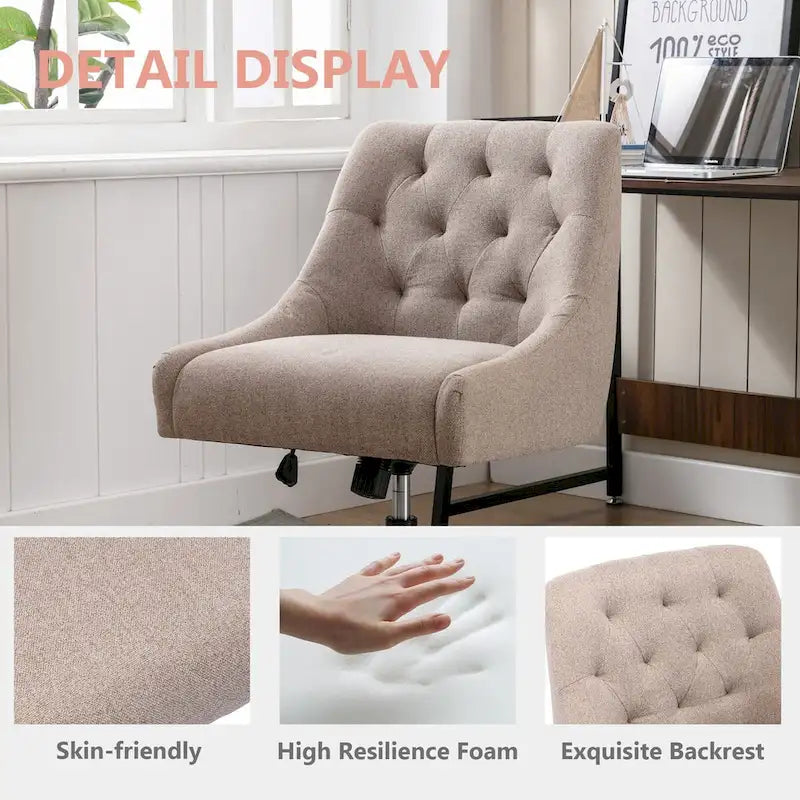 Tufted Fabric Swivel Desk Chair with Adjustable Height and Casters, 5 Colors