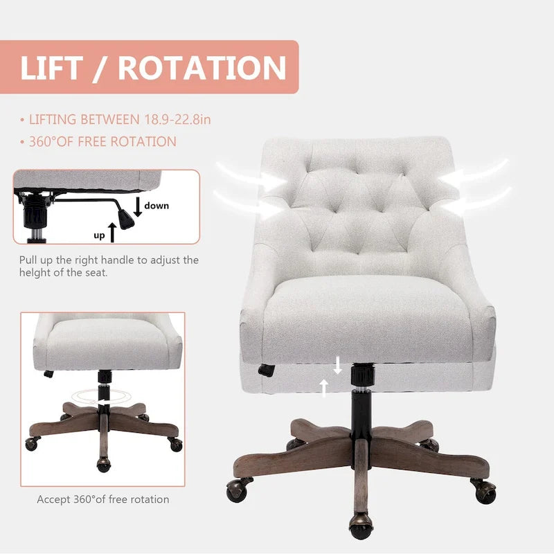 Tufted Fabric Swivel Desk Chair with Adjustable Height and Casters, 5 Colors