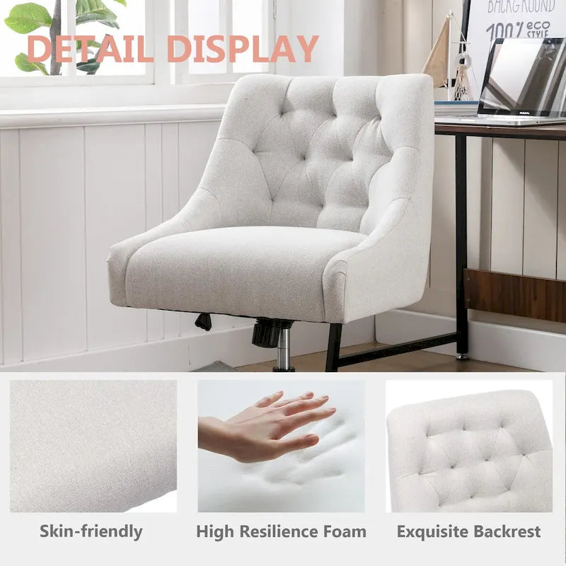 Tufted Fabric Swivel Desk Chair with Adjustable Height and Casters, 5 Colors