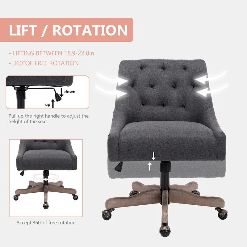 Tufted Fabric Swivel Desk Chair with Adjustable Height and Casters, 5 Colors