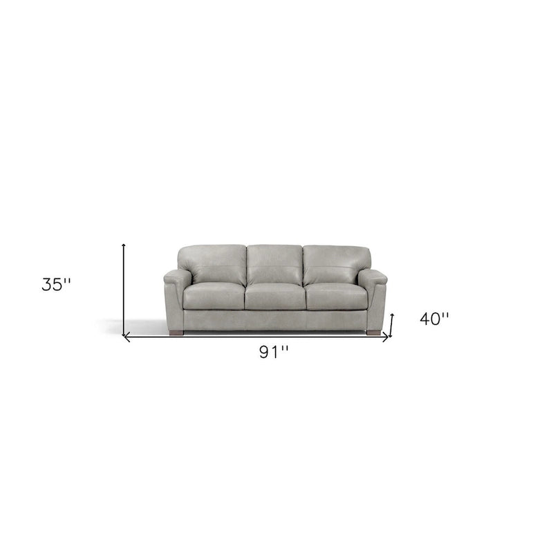 91-Inch 3-Seat Gray Leather Sofa with Square Arms and Sinuous Spring Support