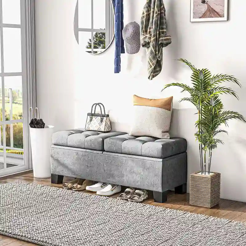 Button Tufted Storage Bench with Safety Hinges