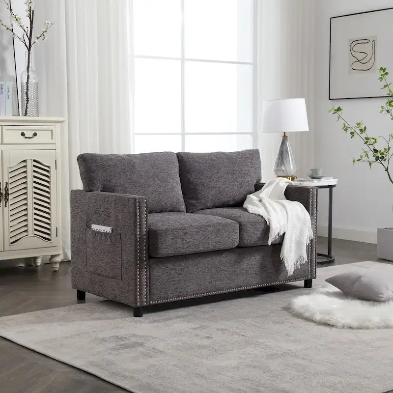 52-Inch Chenille Loveseat with Nailhead Trim and Side Storage Pockets, Grey Beige