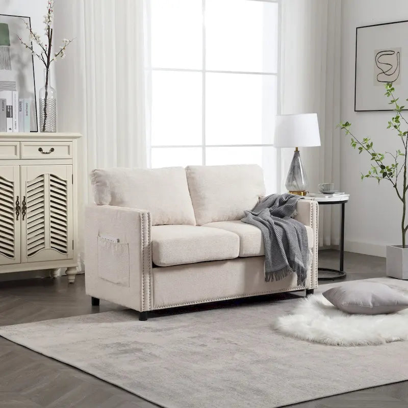 52-Inch Chenille Loveseat with Nailhead Trim and Side Storage Pockets, Grey Beige