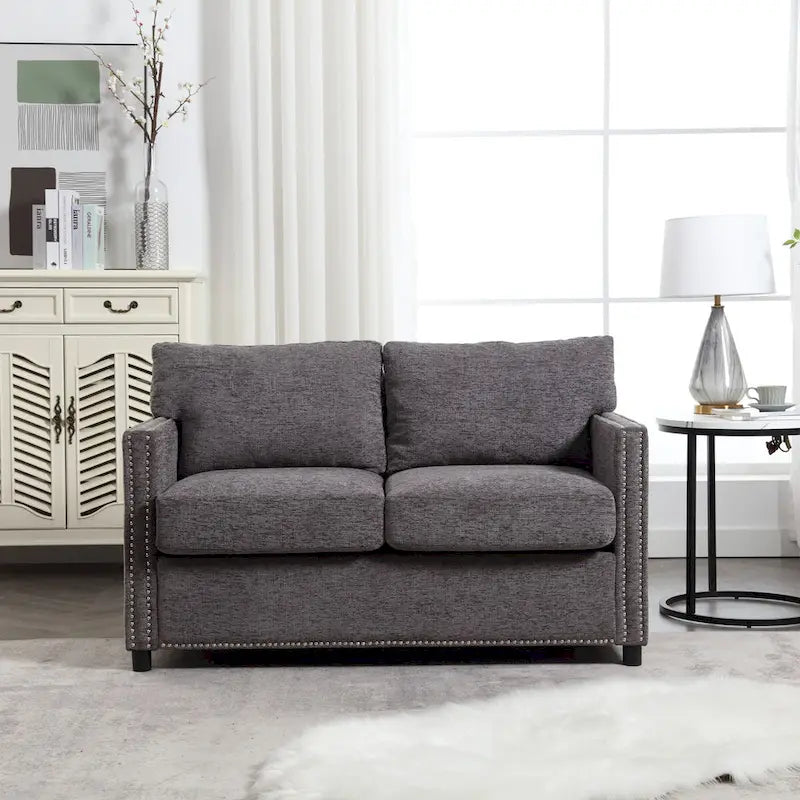 52-Inch Chenille Loveseat with Nailhead Trim and Side Storage Pockets, Grey Beige