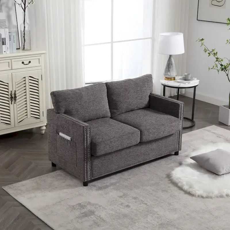 52-Inch Chenille Loveseat with Nailhead Trim and Side Storage Pockets, Grey Beige