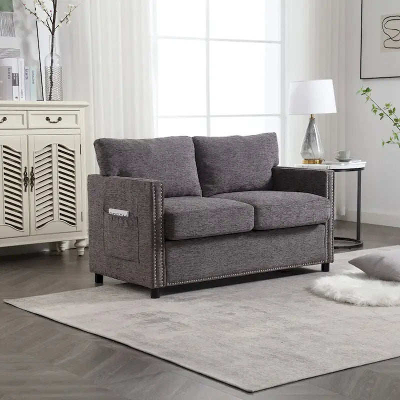 52-Inch Chenille Loveseat with Nailhead Trim and Side Storage Pockets, Grey Beige