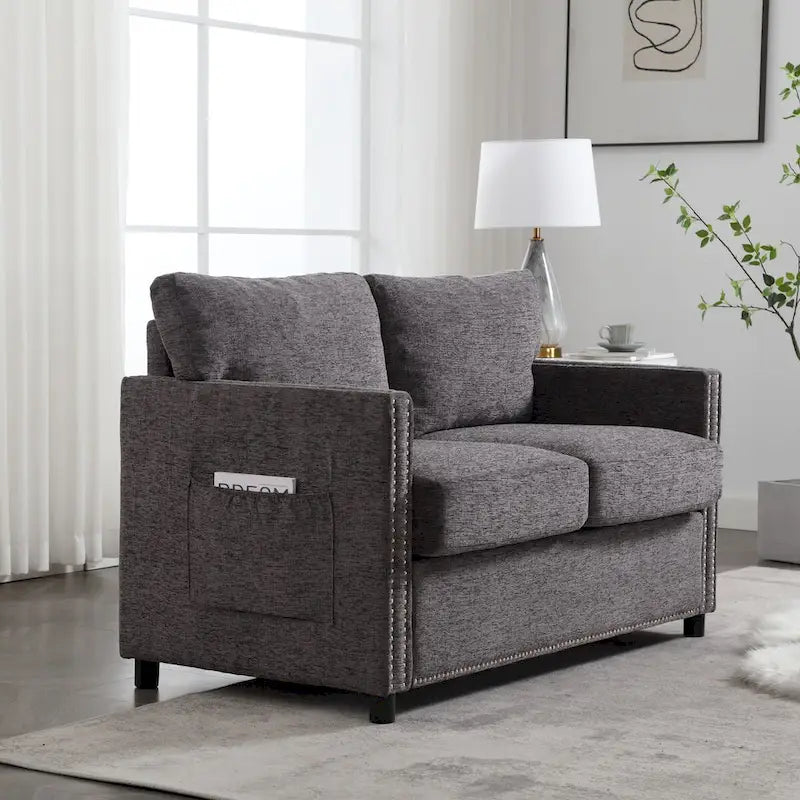 52-Inch Chenille Loveseat with Nailhead Trim and Side Storage Pockets, Grey Beige