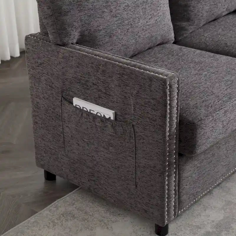 52-Inch Chenille Loveseat with Nailhead Trim and Side Storage Pockets, Grey Beige