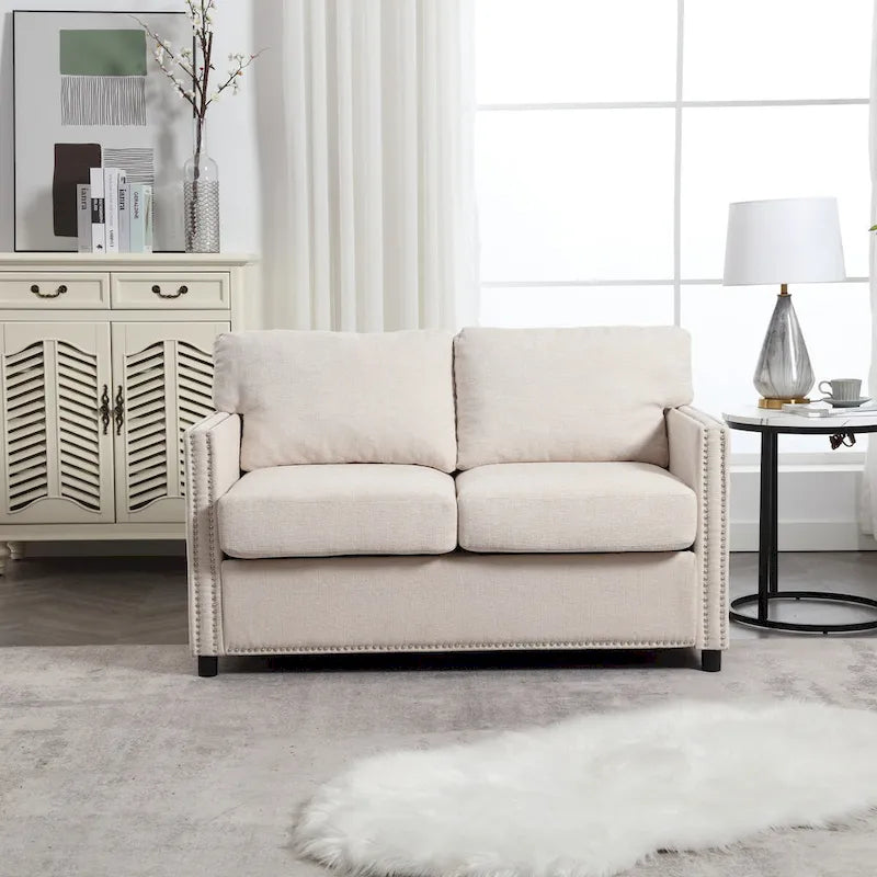 52-Inch Chenille Loveseat with Nailhead Trim and Side Storage Pockets, Grey Beige