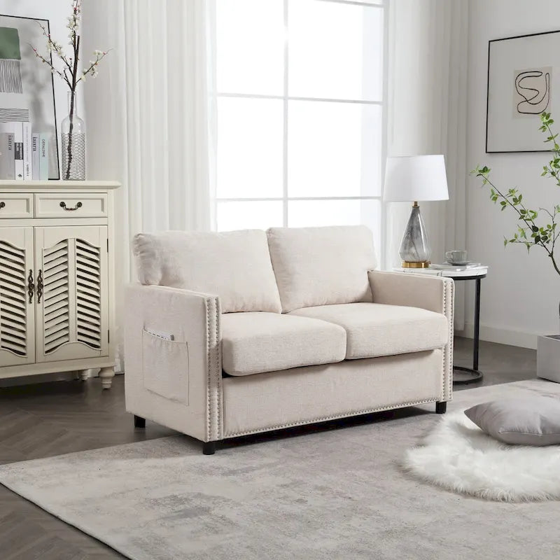 52-Inch Chenille Loveseat with Nailhead Trim and Side Storage Pockets, Grey Beige