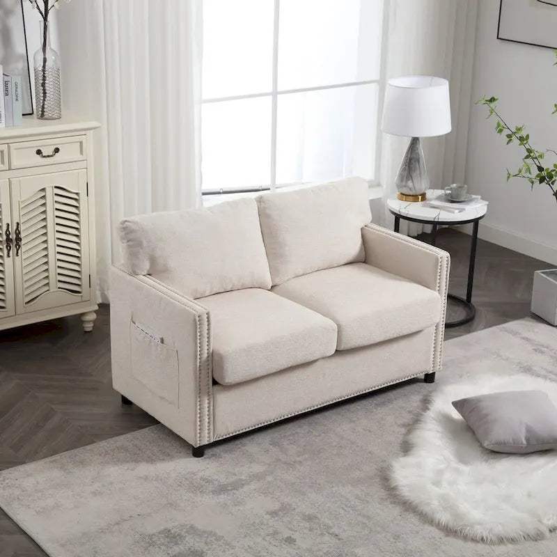 52-Inch Chenille Loveseat with Nailhead Trim and Side Storage Pockets, Grey Beige