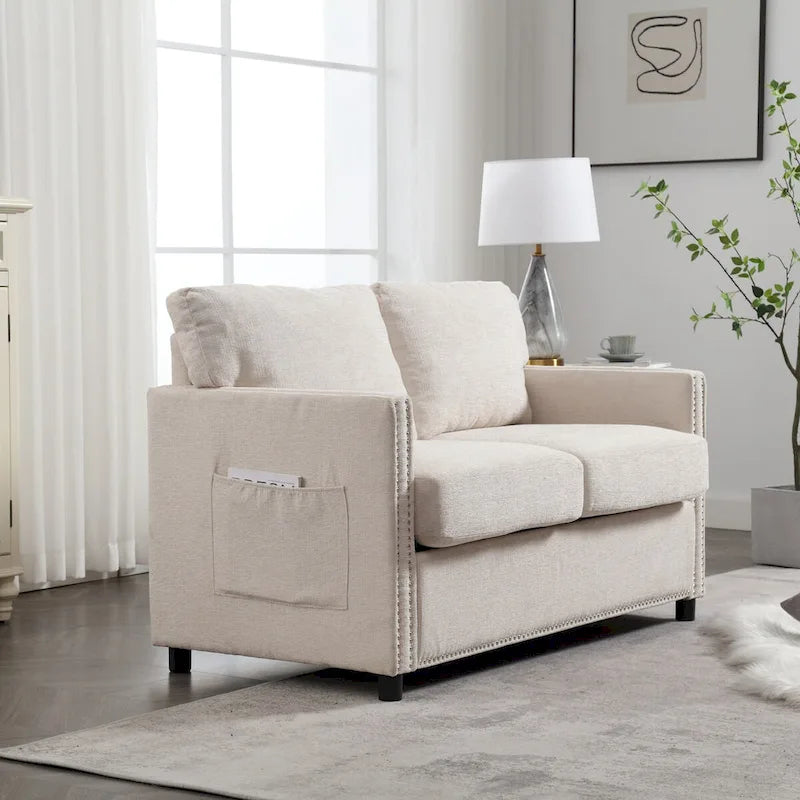 52-Inch Chenille Loveseat with Nailhead Trim and Side Storage Pockets, Grey Beige