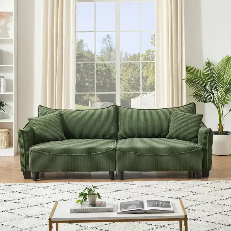 Corduroy fabric sofa with 2 throw pillows